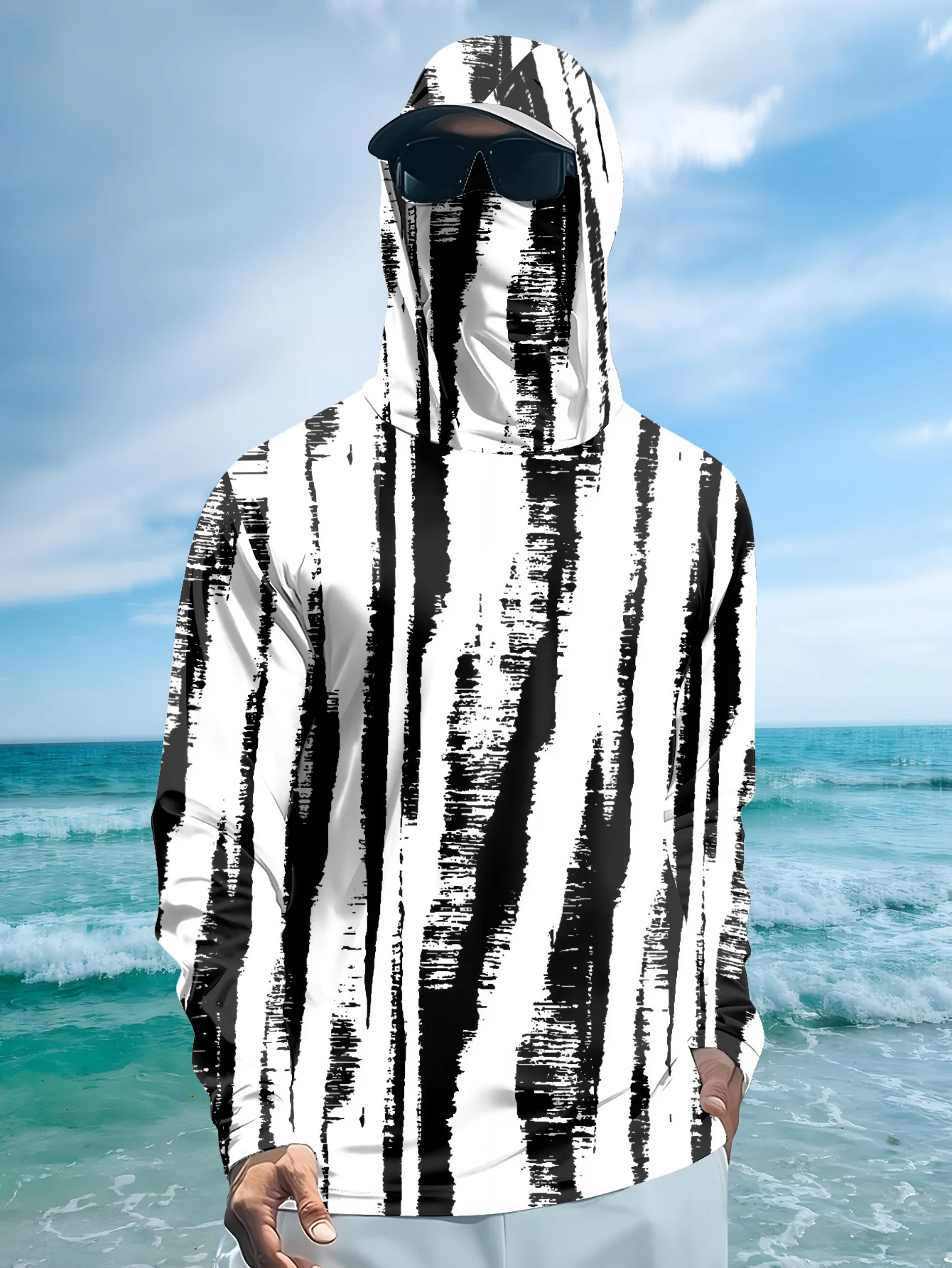 Fishing - Men Black‑White Stripe Fishing Hoodie With